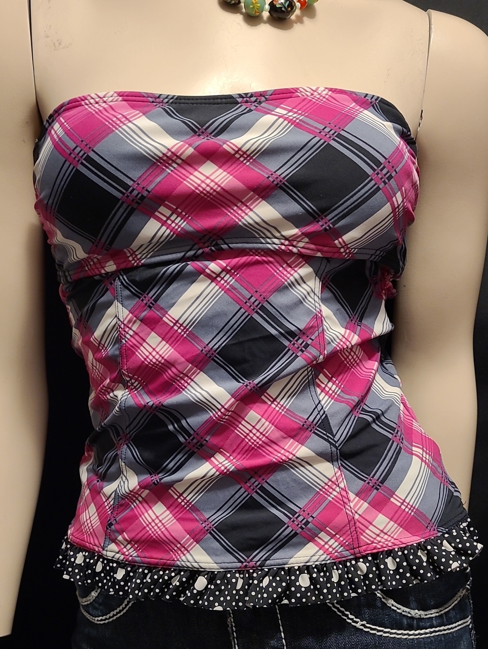 Hula Honey Pink White Plaid Strapless Bustier Y2k Crop Top Size Small